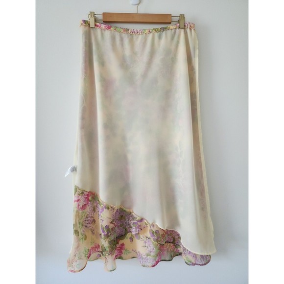 Shazdeh Womens Flowy Midi Skirt Yellow Floral Feminine Lined Elastic Waist 16P - Picture 4 of 8